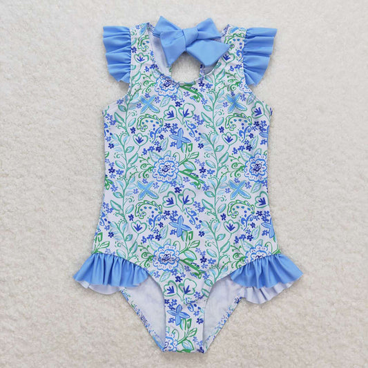 Baby Girls Summer Blue Flowers Ruffle One Piece Swimsuits