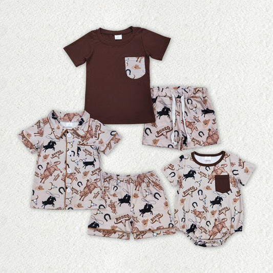 Baby Boys Grey Rodeo Horse Shirt Buttons Top Shorts Brother Romper Pajamas Clothes Sets