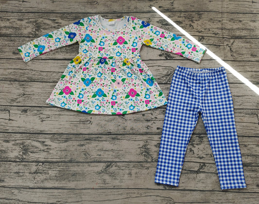 Baby Girls Navy Floral Tunic Plaid Legging Pants Outfits Clothing Sets