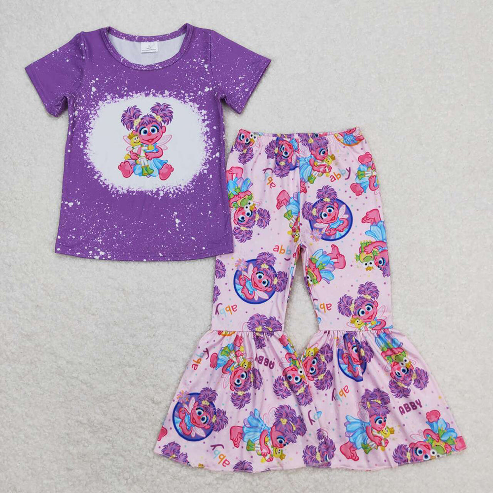 Baby Girls Purple Big Eye Short Sleeve Shirt Bell Pants Clothes Sets