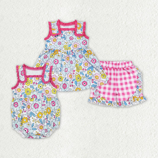 Baby Girls Pink Flowers Buttons Summer Sibling Sister Outfits Clothes Sets