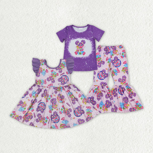 Baby Girls Purple Big Eye Short Sleeve Sibling Dresses Sister Clothes Sets