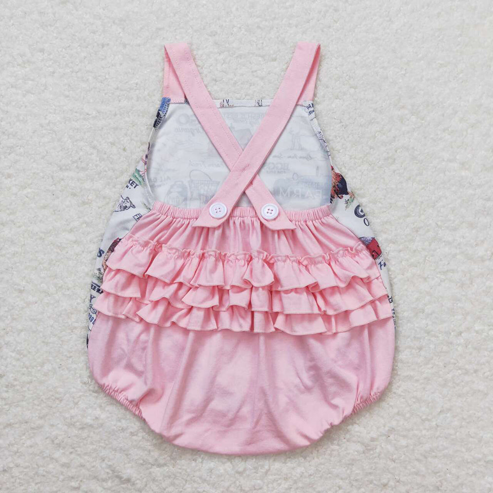 Baby Girls Pink Farm Ruffle Straps Rompers