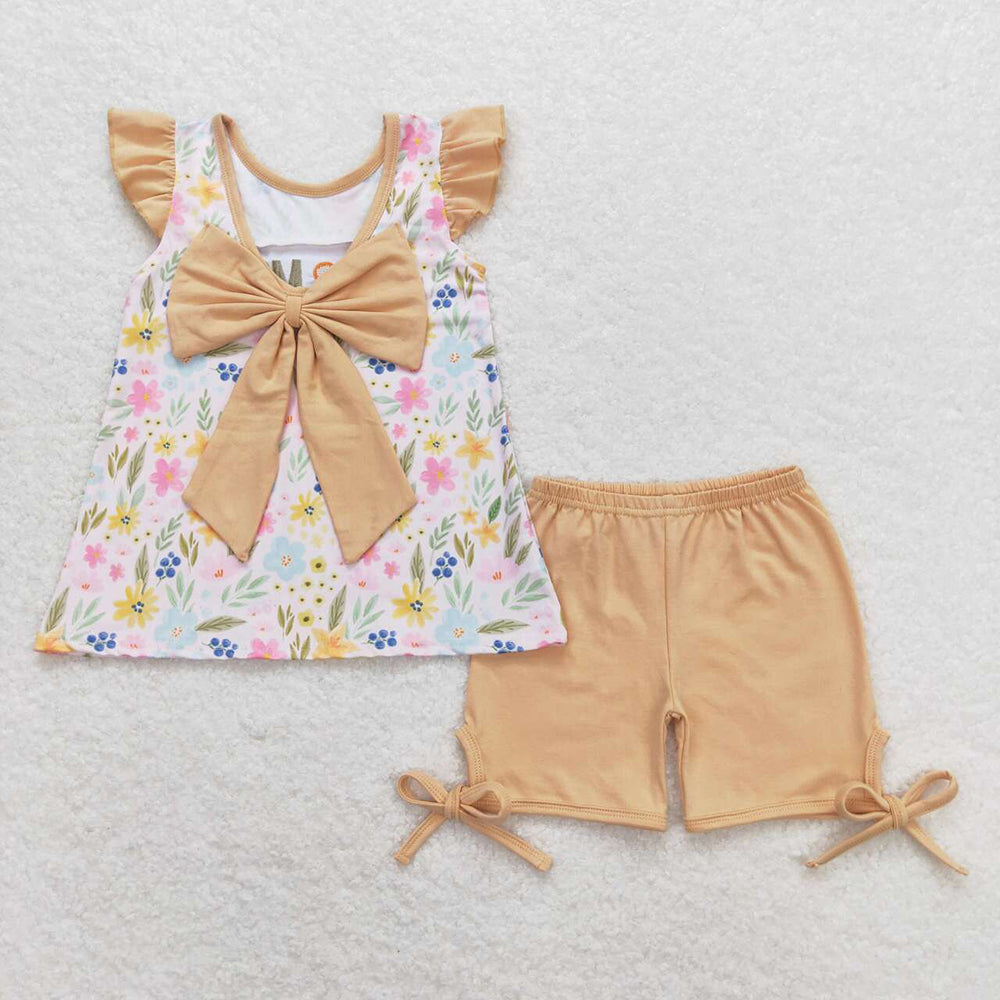Baby Girls I Love Mom Floral Bow Ruffle Tunic Top Shorts Clothes Sets