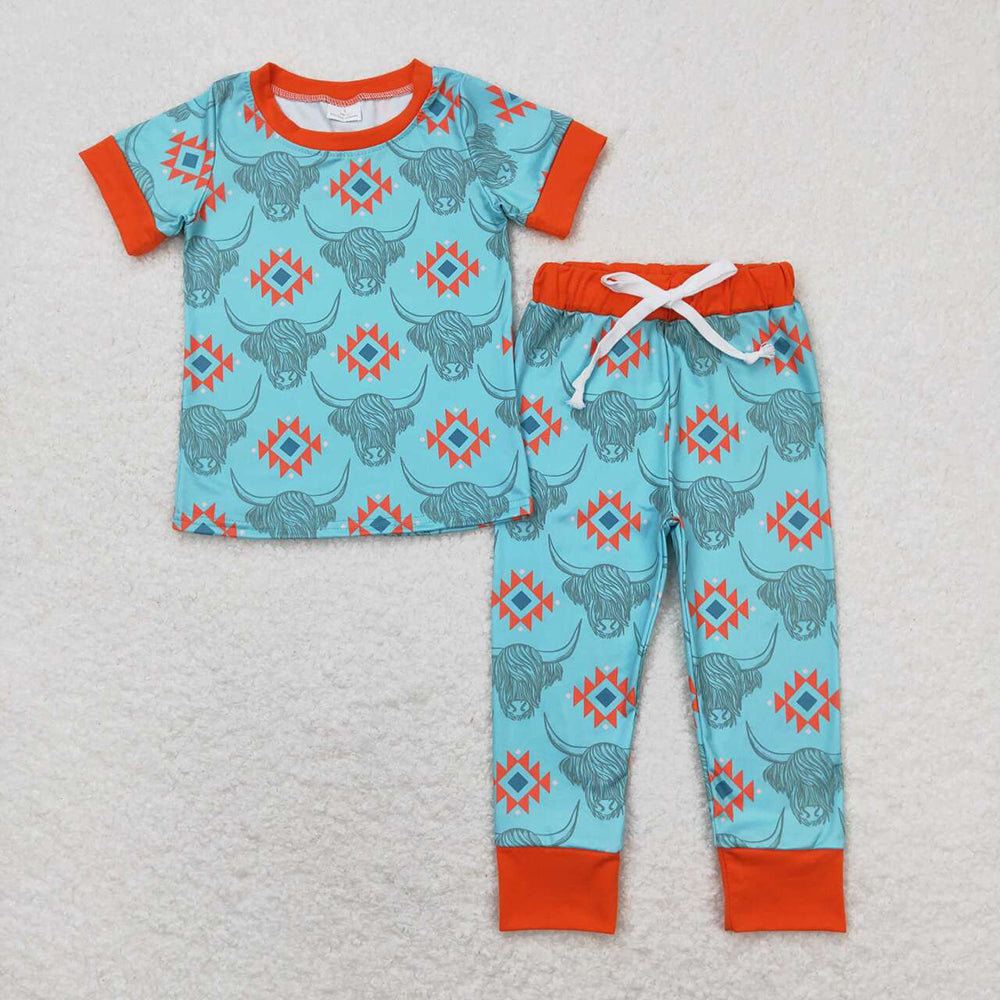 Baby Toddler Boys Western Cow Blue Aztec Tee Shirts Tops Pants Pajamas Clothes Sets