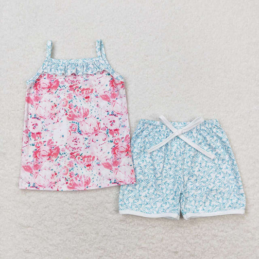 Baby Girls Pink Flowers Straps Top Shorts Summer Clothes Sets