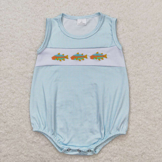 Baby Blue Checkered Fishes Sleeveless Rompers