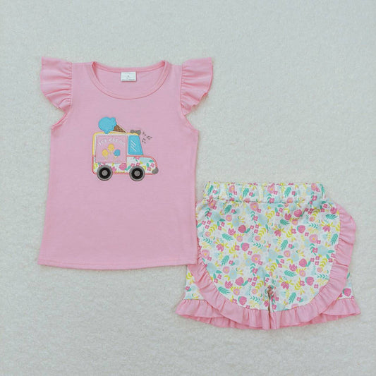 Baby Girls Pink Flutter Sleeve Popstick Tunic Top Ruffle Shorts Clothes Sets