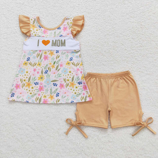 Baby Girls I Love Mom Floral Sibling Sister Brother Shorts Clothes Sets