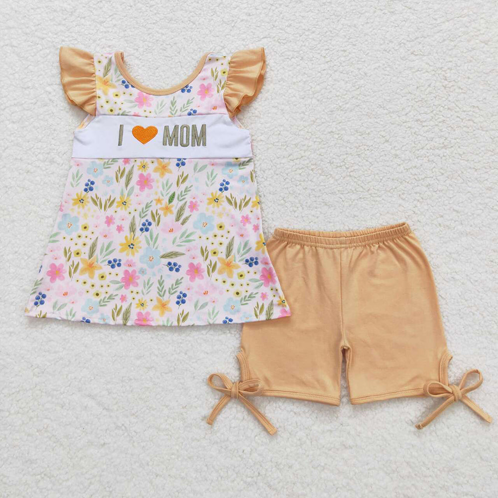 Baby Girls I Love Mom Floral Bow Ruffle Tunic Top Shorts Clothes Sets