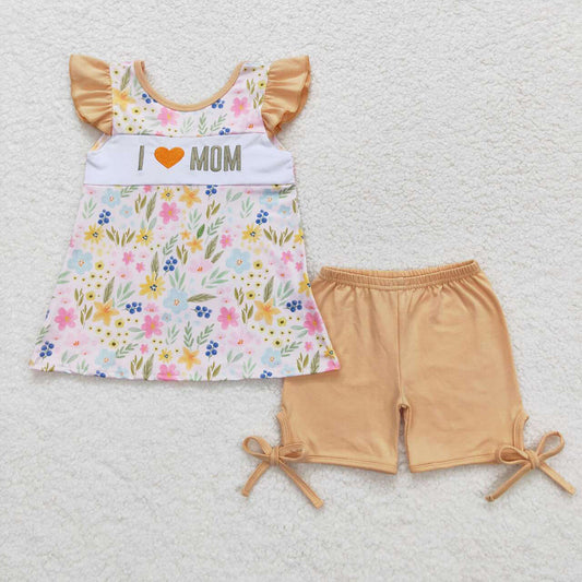 Baby Girls I Love Mom Floral Bow Ruffle Tunic Top Shorts Clothes Sets