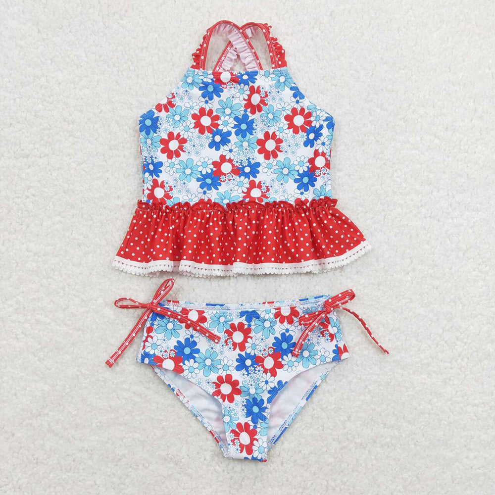 Baby Girls Red Blue Flowers Top Bummie Two Pieces Swimsuits