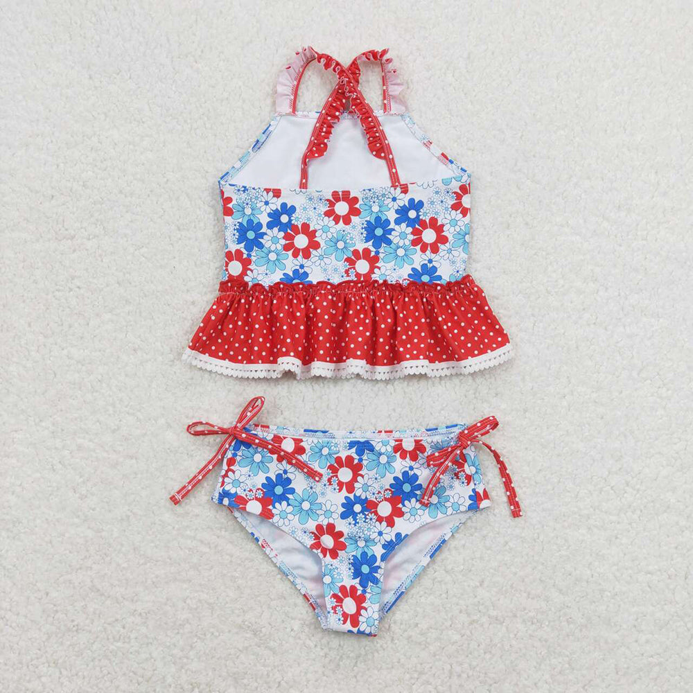 Baby Girls Red Blue Flowers Top Bummie Two Pieces Swimsuits