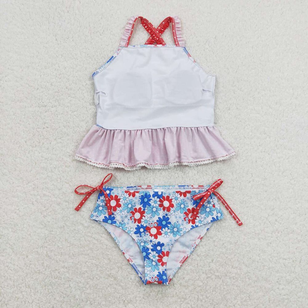 Baby Girls Red Blue Flowers Top Bummie Two Pieces Swimsuits
