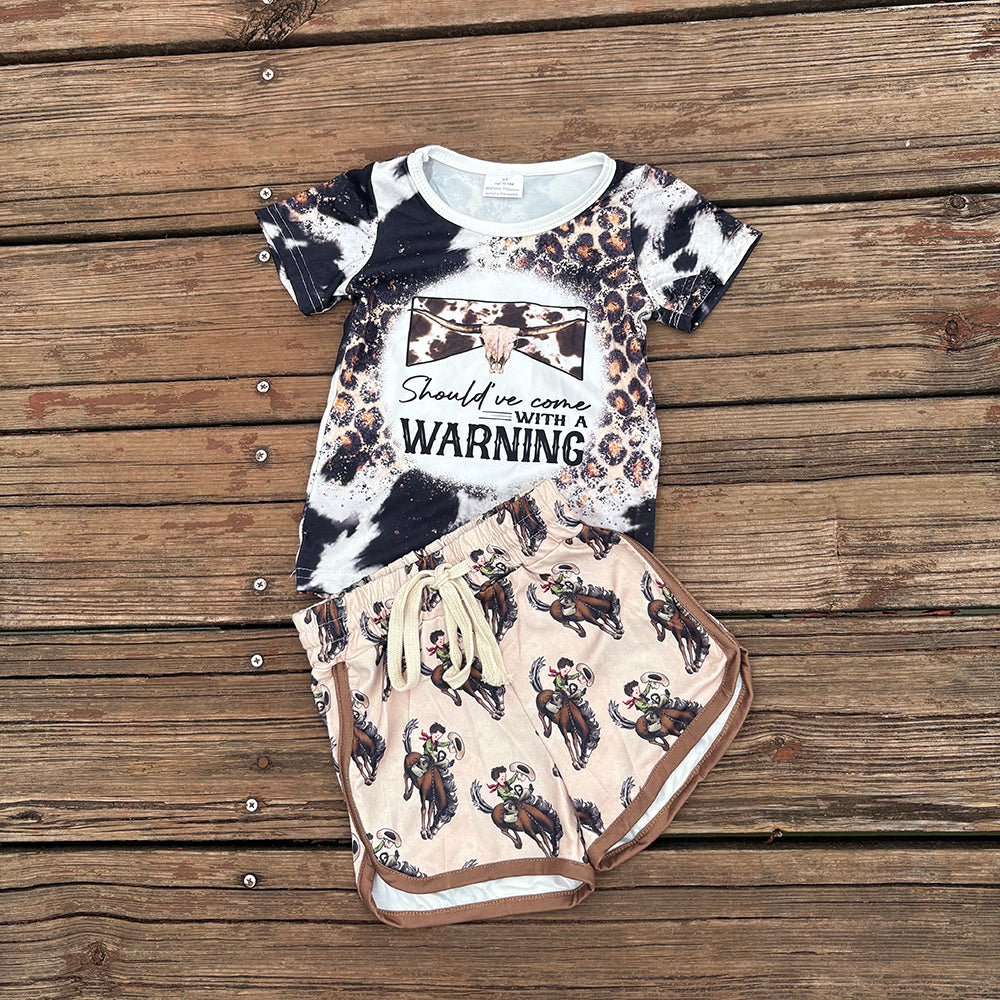 Baby Girls Western Leopard Cow Skull Shirt Rodeo Shorts Outfits Sets