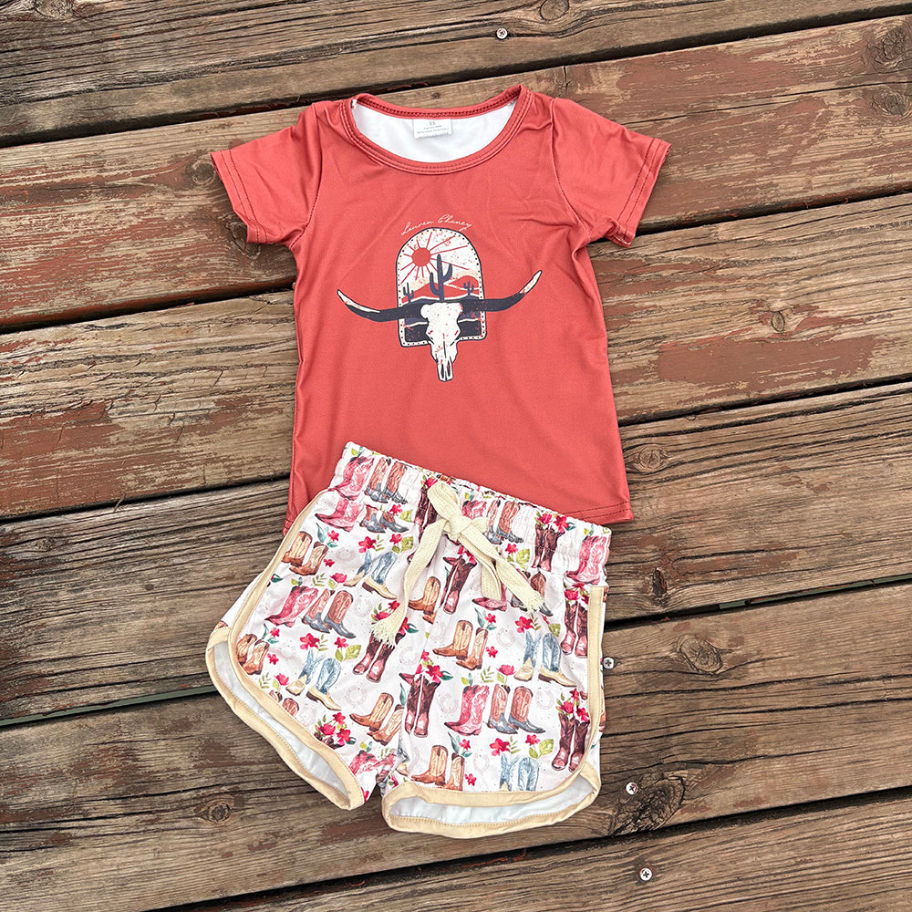Baby Girls Western Cow Skull Shirt Boots Shorts Outfits Sets