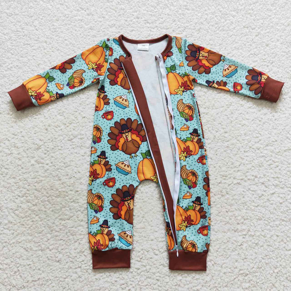 Baby Boys Thanksgiving Turkey Zip Long Sleeve Rompers