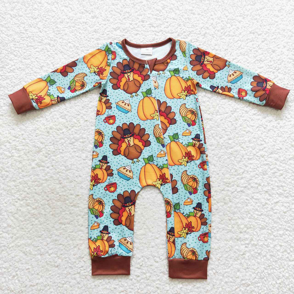 Baby Boys Thanksgiving Turkey Zip Long Sleeve Rompers