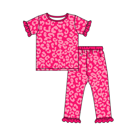 Baby Girls Pink Leopard Short Sleeve 2pcs Pajamas Clothing Sets preorder(moq 5)