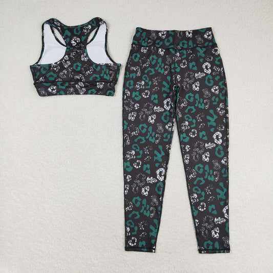 Adult Women Black Leopard Vest Top Pants Yogo Sports Clothes Sets