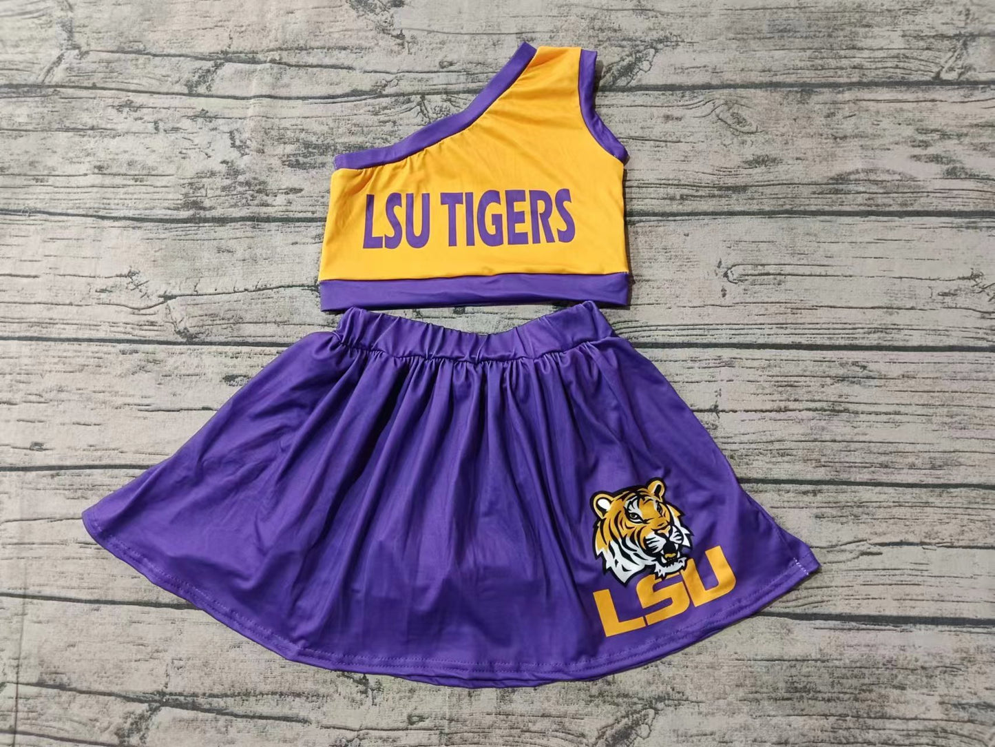 Baby Girls One Shoulder LSU Cheer Team Top Skirt Clothes Sets preorder(MOQ 5)