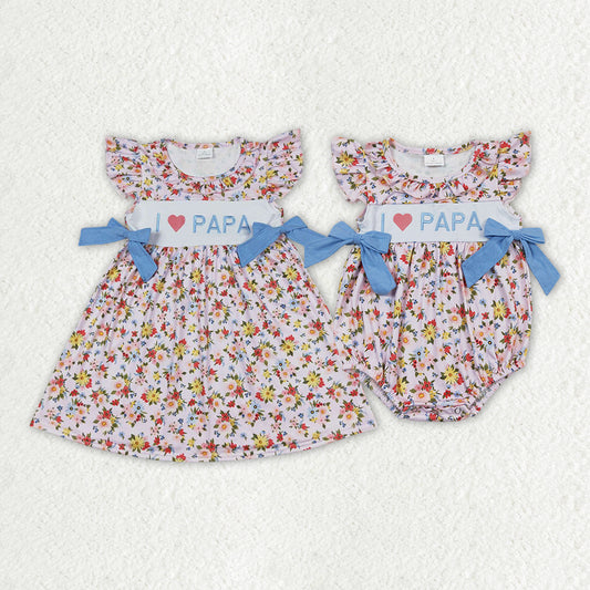 Sibling Baby Girls I Love Papa Floral Bows Rompers Dresses