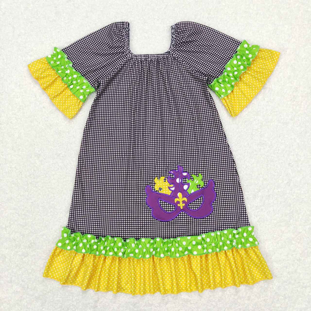 Baby Girls Mardi Gras Black Checkered Ruffle Knee Length Dresses