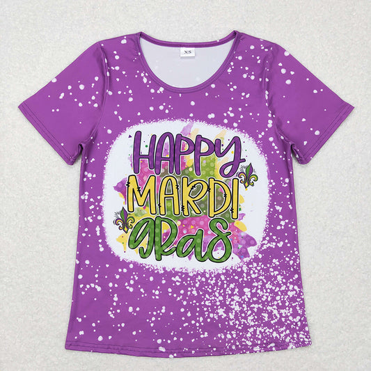 Adult Women Purple Happy Mardi Gras Short Sleeve Shirts Tops