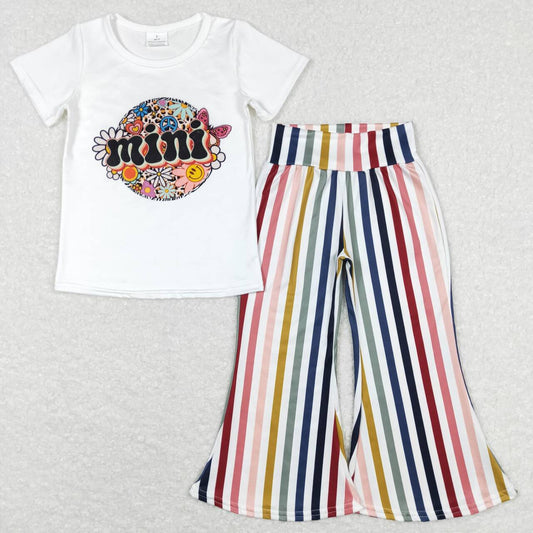 Baby Girls Mini Flowers White Top Stripes Flare Pants Clothes Sets