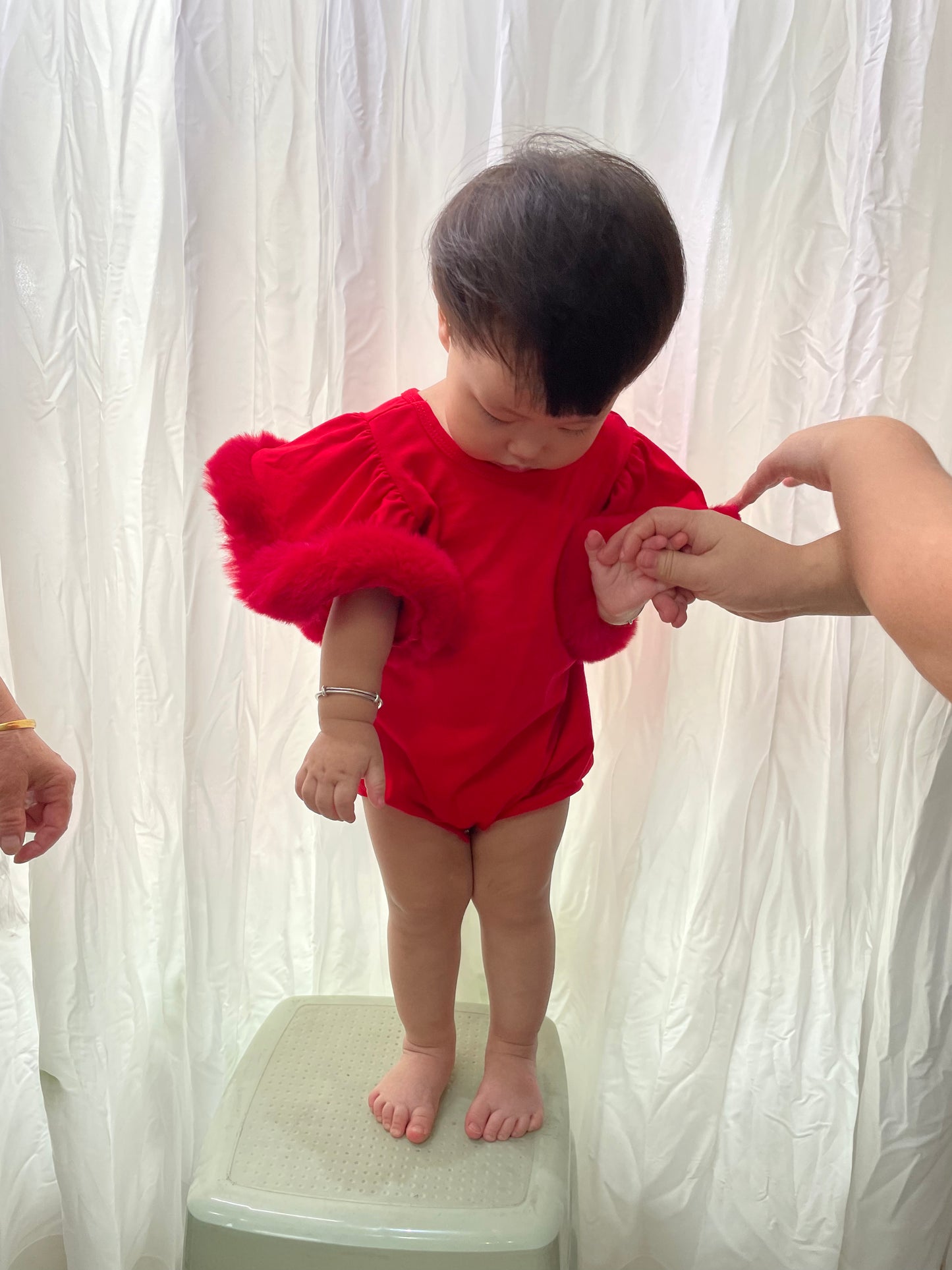 Baby Girls Red Fur Sleeve Rompers