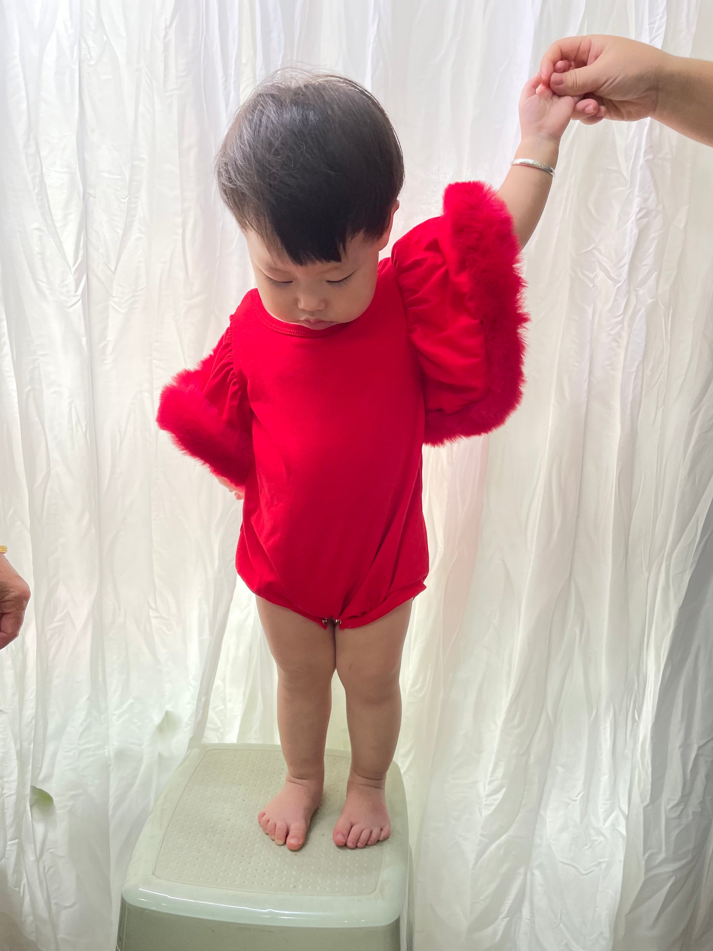 Baby Girls Red Fur Sleeve Rompers