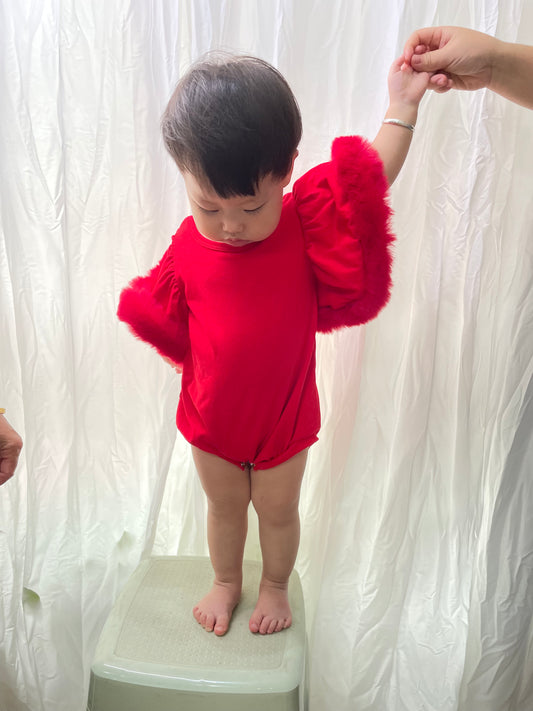 Baby Girls Red Fur Sleeve Rompers