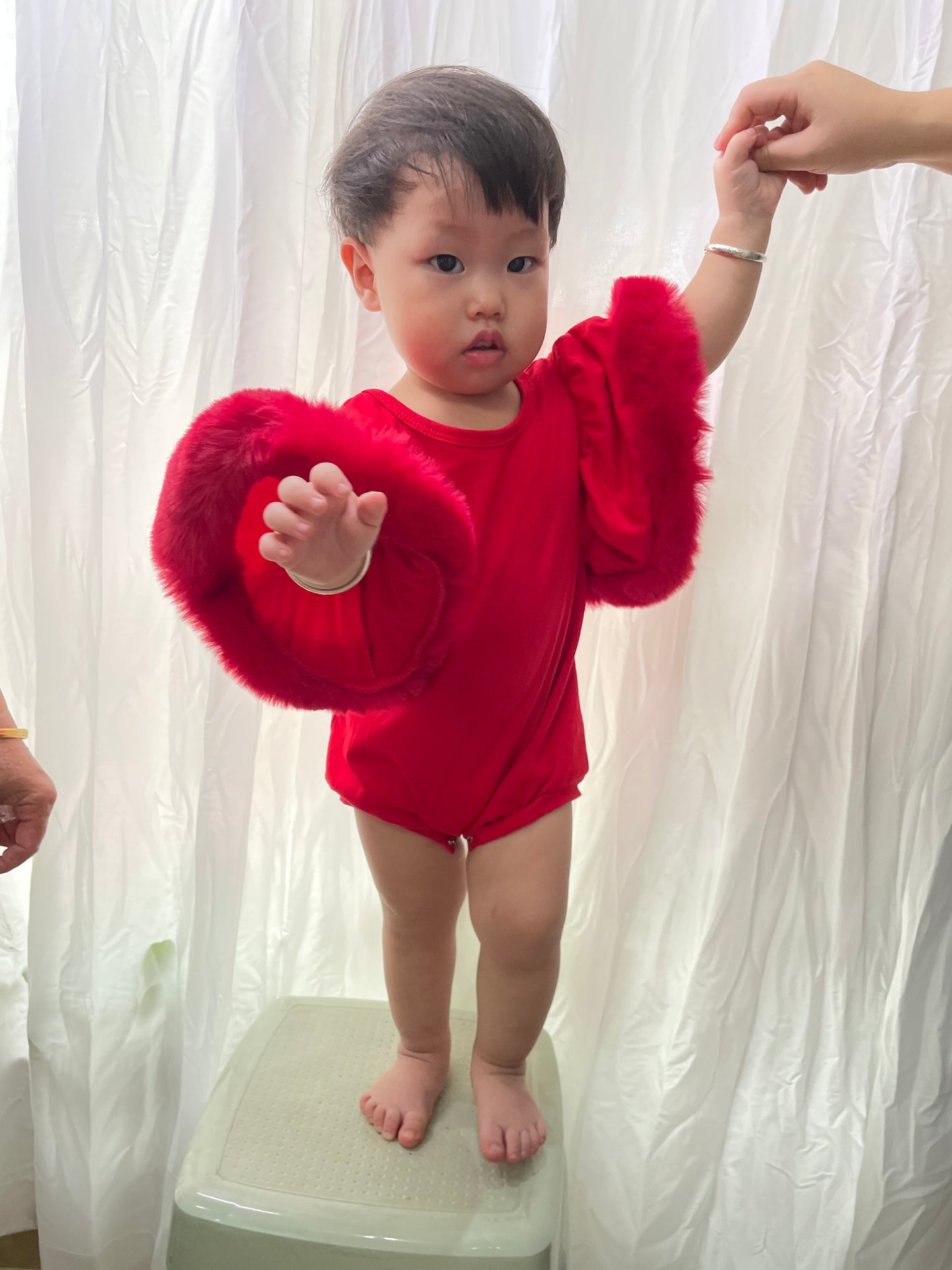 Baby Girls Red Fur Sleeve Rompers