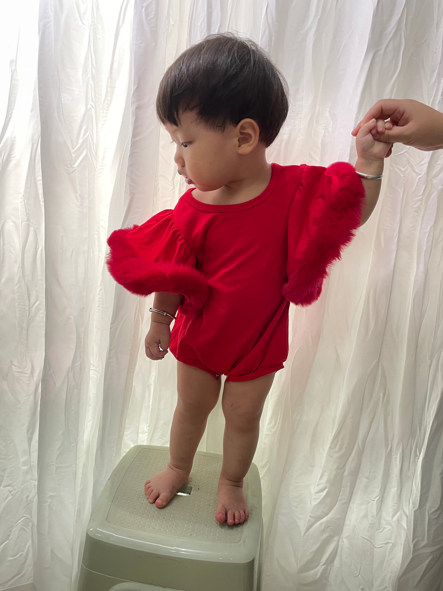 Baby Girls Red Fur Sleeve Rompers