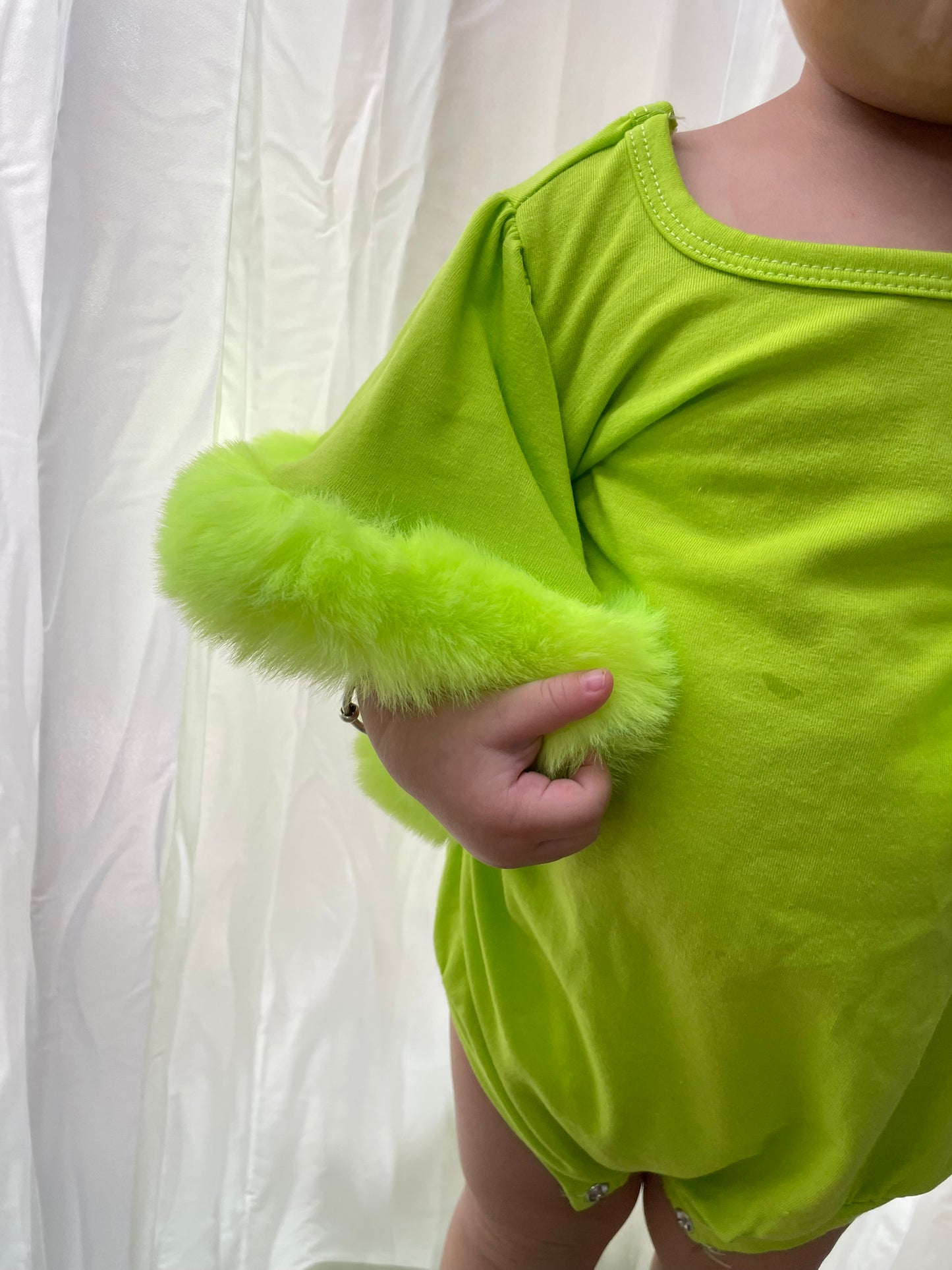 Baby Girls Green Fur Sleeve Rompers