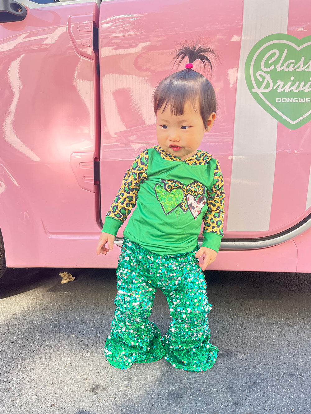 Baby Girls St Patrick Day Hearts Hooded Top Shirts Sequin Green Bell Pants Clothes Sets