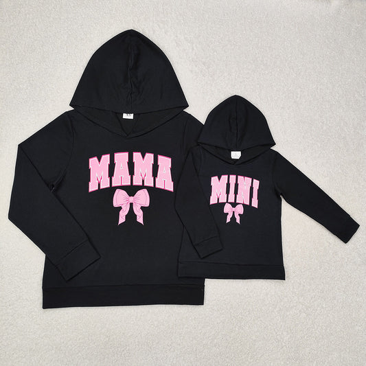 Mommy and Me Baby Girls Mini Mama Bow Black Hooded Tops