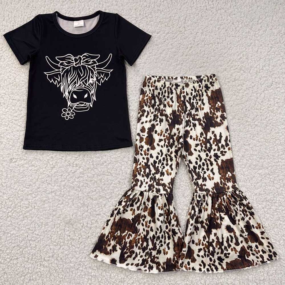 Baby Girls Black Shirt Cow Print Bell Pants Clothes Sets