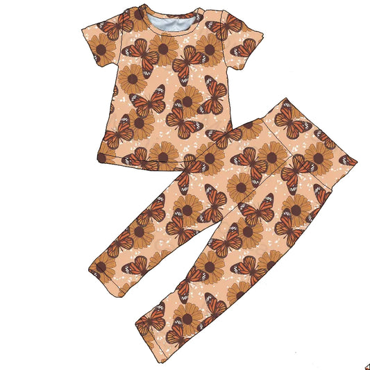 Baby Girls Brown Short Sleeve Butterfly Top Pants Pajamas Clothes Sets preorder(moq 5)