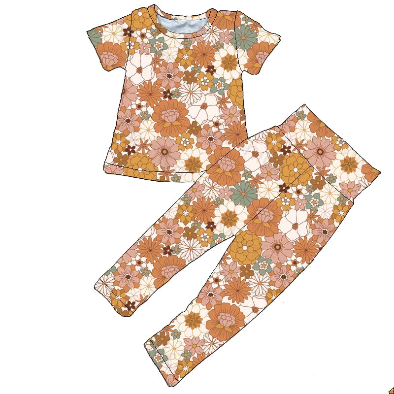 Baby Girls Brown Short Sleeve Flowers Top Pants Pajamas Clothes Sets preorder(moq 5)