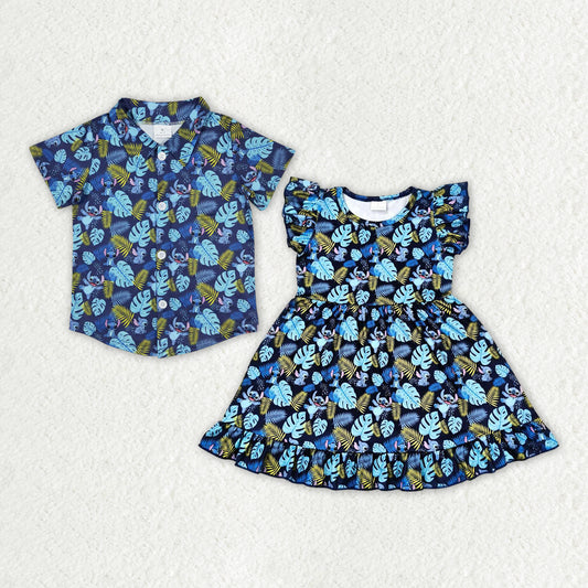 Baby Girls Blue Cartoon Animal Sibling Designs Clothing