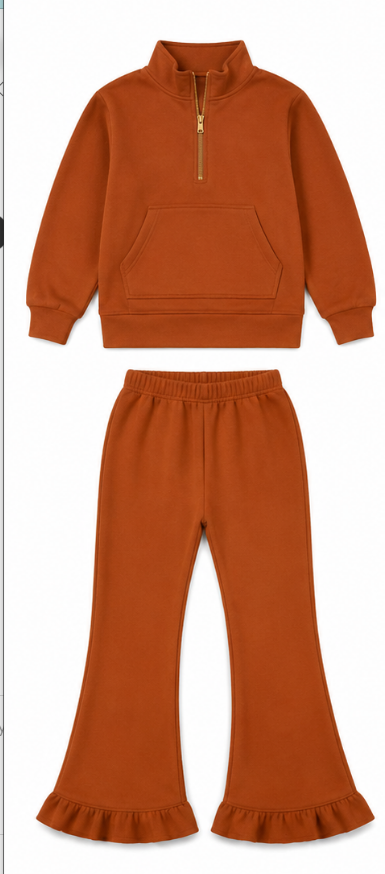 Preorder (moq 5)Baby Girls Orange Zip Cotton Top Ruffle Bell Pants Outfits Sets