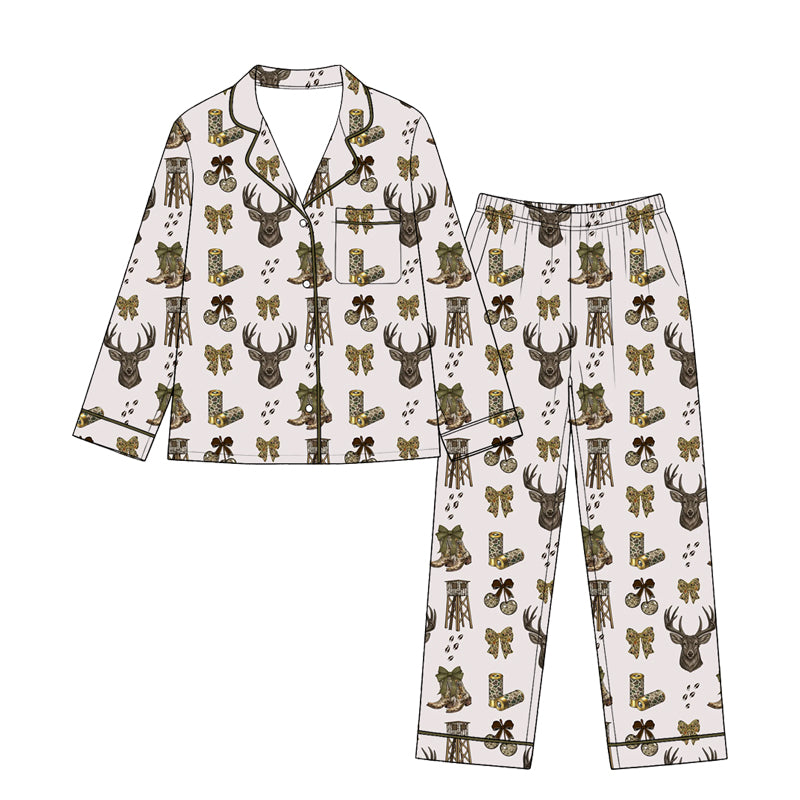 Preorder(moq 5) Women 2‑Piece Outfit Long Sleeve Lapel Collar Printed Adult Clothing Set