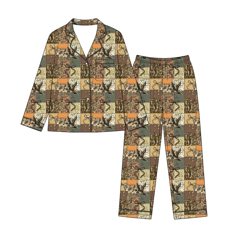 Preorder(moq 5) Women 2‑Piece Outfit Long Sleeve Lapel Collar Printed Adult Clothing Set
