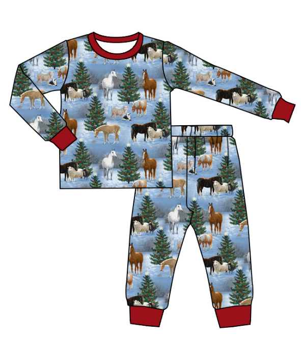 Preorder (moq 5)Baby Boys Western Horse Top Pants Christmas Pajamas Sets