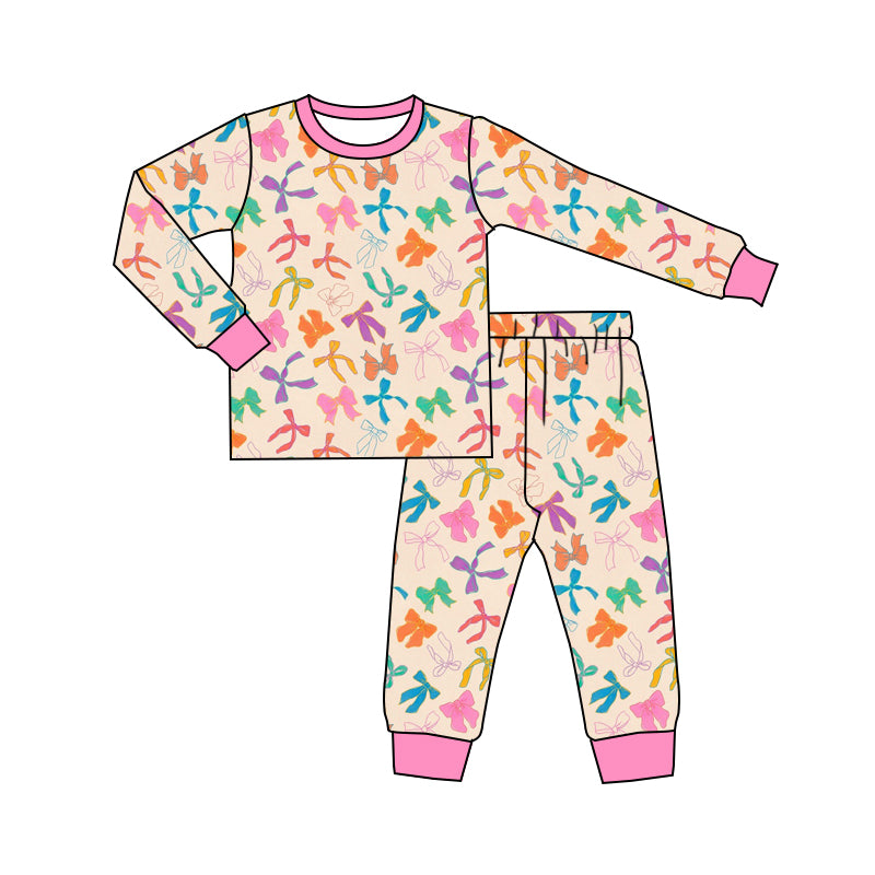 Preorder (moq 5)Baby Girls Pink Colorful Bows Long Sleeves Top Pant Pajamas Sets