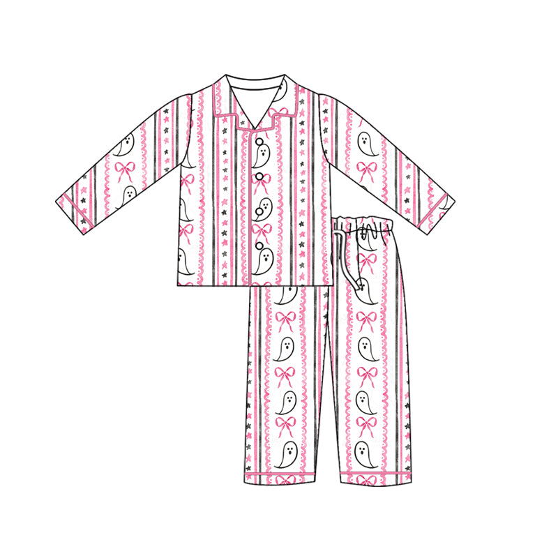 Preorder (moq 5)Baby Girls Halloween Ghost Pink Buttons Top Pants Pajamas