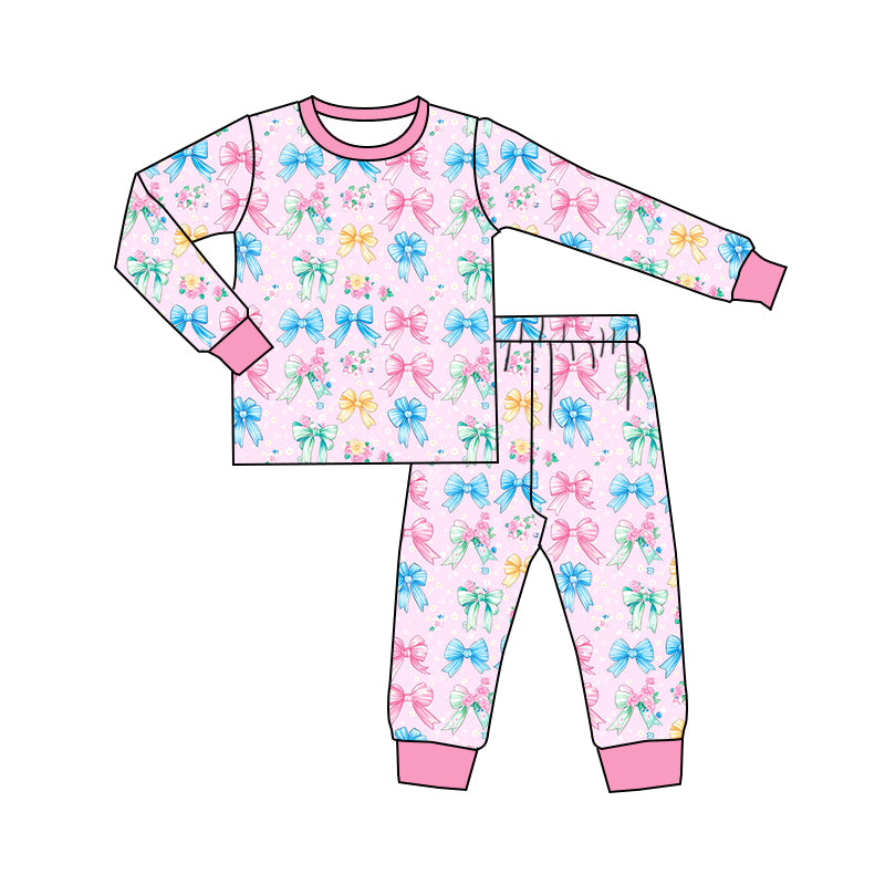 Preorder (moq 5)Baby Girls Colorful Bows Long Sleeves Top Pant Pajamas Sets