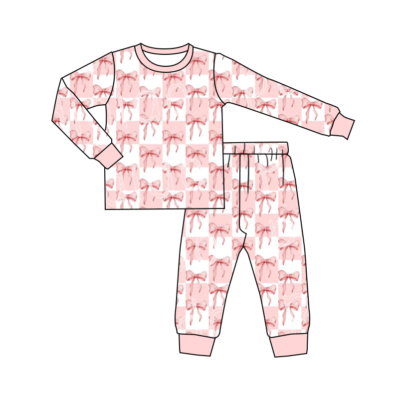 Preorder (moq 5)Baby Girls Pink Checkered Bows Long Sleeves Top Pant Pajamas Sets