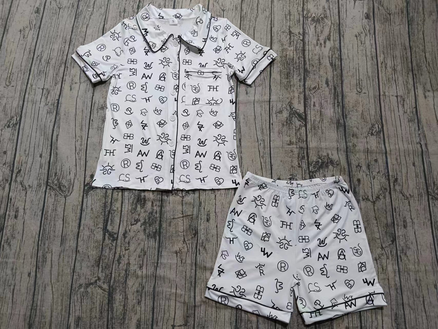 Preorder moq 5 Adult Women Western White Words Button Pocket Top Short Pajamas